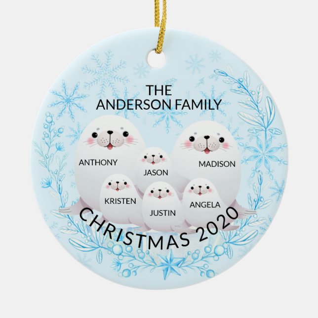 Cute Winter Family Of 6 Seals Christmas Ceramic Ornament (Front)