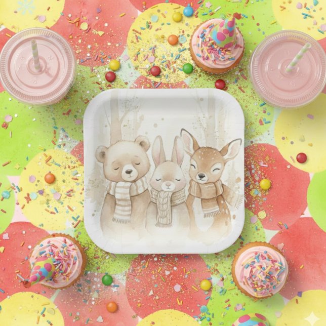 Cute Winter Forest Animals Kids' Christmas Fun Pap Paper Plates (Creator Uploaded)