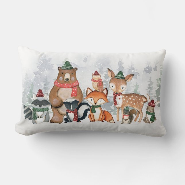 Cute Winter Forest Animals Woodland Baby Nursery Lumbar Pillow (Front)