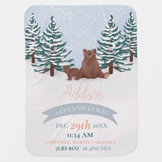Cute Winter Forest Bear Birth Stats & Name Baby Blanket (Front)