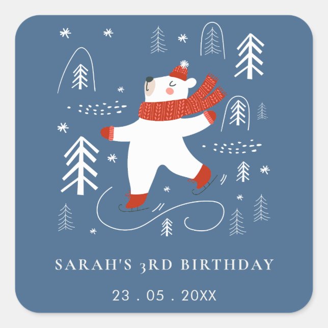 Cute Winter Forest Bear Ski Any Age Kids Square Sticker (Front)