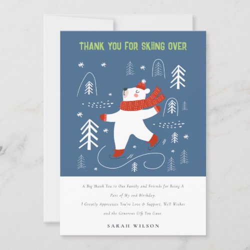 Cute Winter Forest Bear Ski Photo Kids Birthday Thank You Card