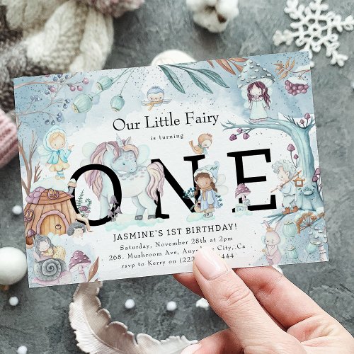 Cute Winter Forest Fairy Christmas 1st Birthday In Invitation