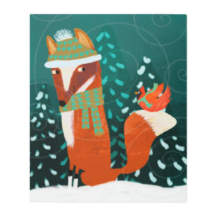 Cute Winter Fox and Bird Friends Metal Wall Art