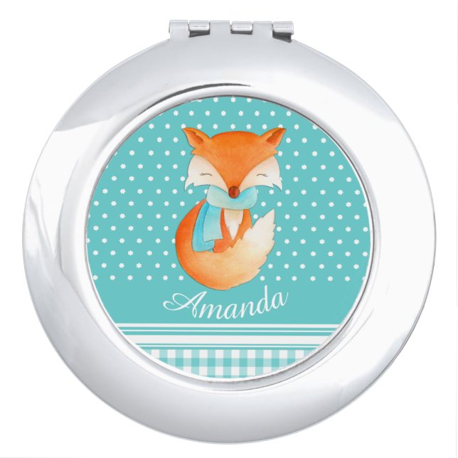 Cute winter fox aqua watercolor mirror compact (Front)