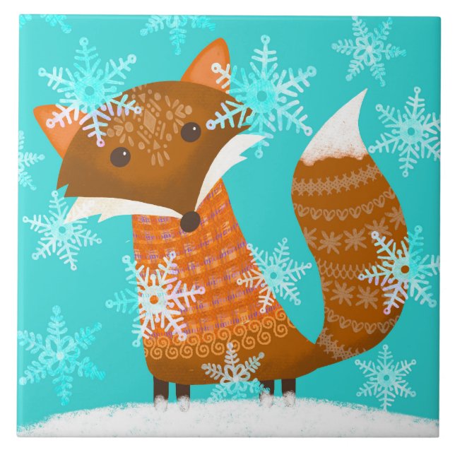 Cute Winter Fox in Snow Ceramic Kitchen Tile (Front)