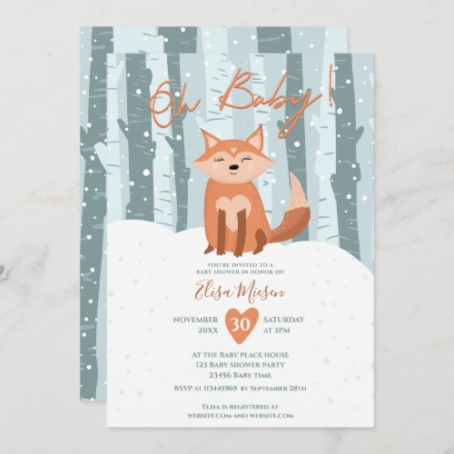 Cute winter fox snow illustration Oh baby shower Invitation