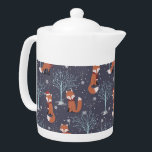 Cute Winter Fox Teapot<br><div class="desc">Adorable foxes dressed in red caps and scarves frolic in a snowy forest against a charcoal background.</div>