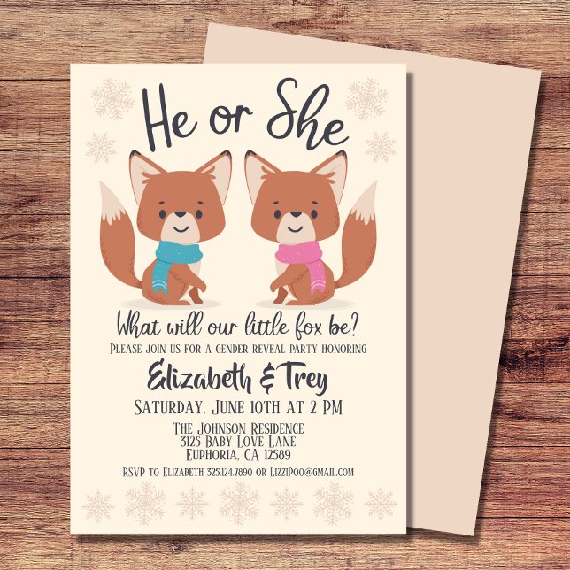 Cute Winter Foxes Gender Reveal Invitation (Discover the gender of your little fox with these cute winter foxes gender reveal invitations. )