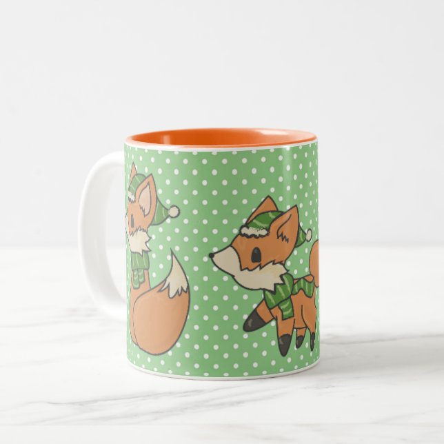 Cute Winter Foxes on Green Polka Dot Two-Tone Coffee Mug (Front Left)