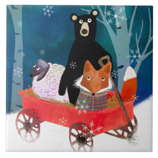 Cute Winter Friends in Red Wagon Ceramic Tile