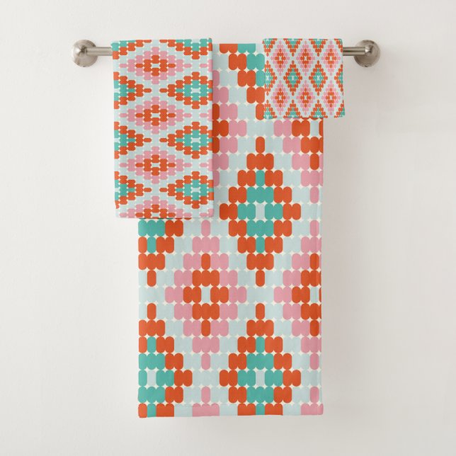Cute Winter Geometric Diamond Pattern Teal Pink   Bath Towel Set (Insitu)