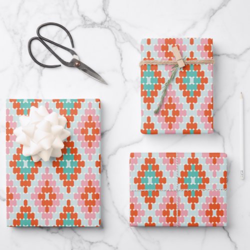 Cute Winter Geometric Diamond Pattern Teal Pink  Wrapping Paper Sheets