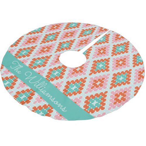 Cute Winter Geometric Pattern Teal and Pink Name  Brushed Polyester Tree Skirt