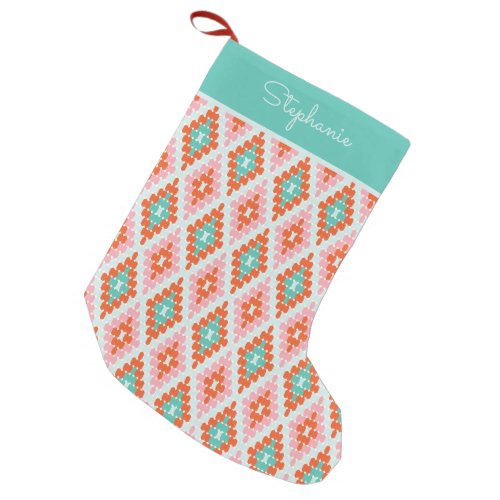 Cute Winter Geometric Pattern Teal and Pink Name Small Christmas Stocking