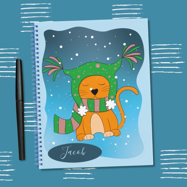Cute Winter Ginger Cat Kid Personalized Notebook (Cute ginger cat in the snow kid personalized notebook .)