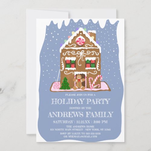 Cute Winter Gingerbread Candy House Holiday Invitation