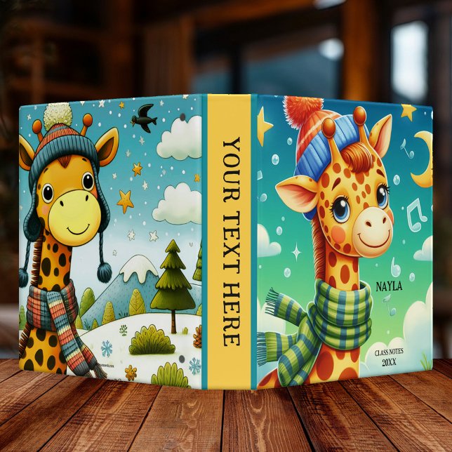 Cute Winter Giraffe Back to School Binder (A cute binder featuring illustrations of giraffes with a warm hat and scarf. Great for school.)