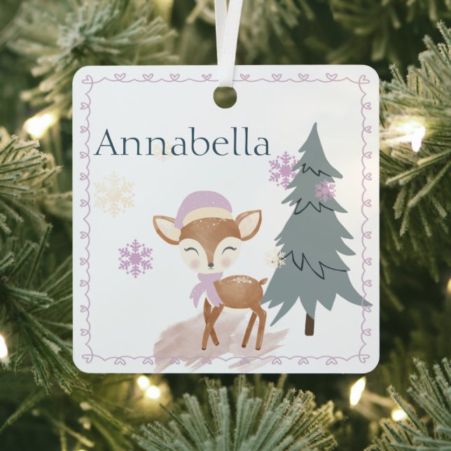 Cute Winter Girl Fawn Custom Name Metal Ornament (Insitu)