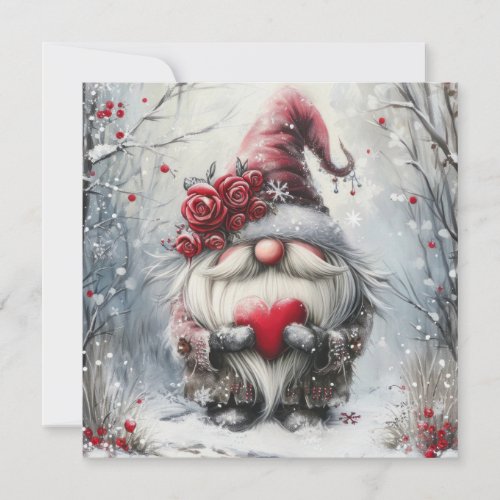 Cute Winter Gnome with Red Heart Holiday Card