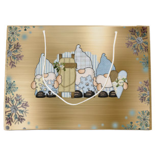 Cute Winter Gnomes Gold Large Gift Bag