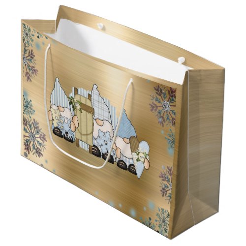 Cute Winter Gnomes Gold Large Gift Bag