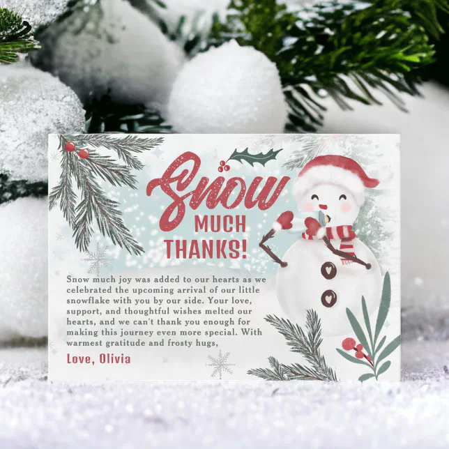 Cute winter green pine ice snowman baby shower thank you card | Zazzle