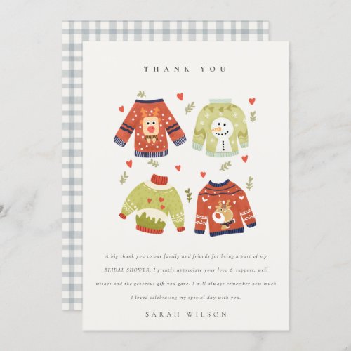 Cute Winter Heart Leafy Ugly Sweater Bridal Shower Thank You Card