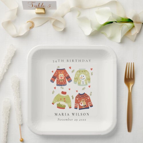 Cute Winter Heart Ugly Sweater Any Age Birthday Paper Plates