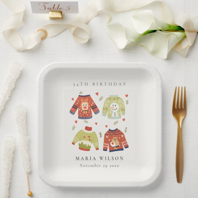 Cute Winter Heart Ugly Sweater Any Age Birthday Paper Plates (Wedding)