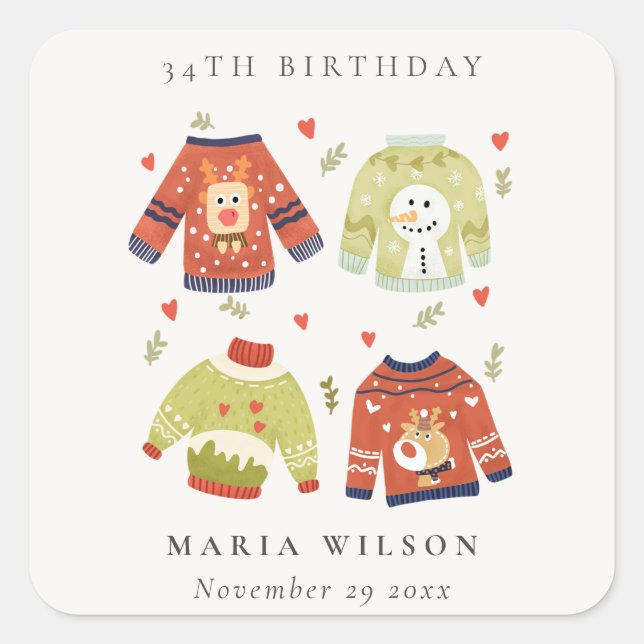 Cute Winter Heart Ugly Sweater Any Age Birthday Square Sticker (Front)