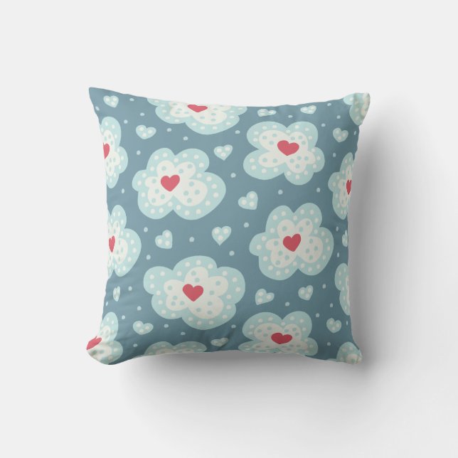 Cute Winter Hearts And Snowy Clouds Pattern Throw Pillow (Front)
