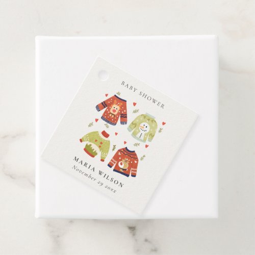 Cute Winter Hearts Leafy Ugly Sweater Baby Shower  Favor Tags