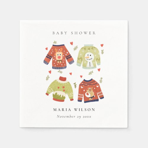 Cute Winter Hearts Leafy Ugly Sweater Baby Shower Napkins