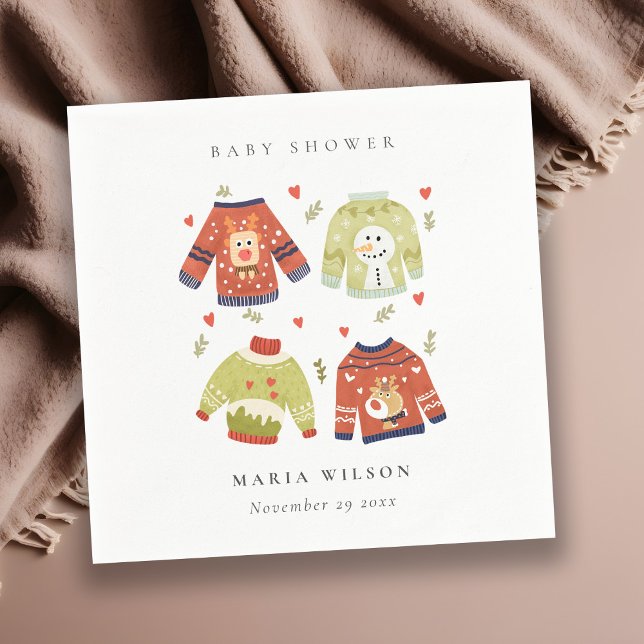 Cute Winter Hearts Leafy Ugly Sweater Baby Shower Napkins (Creator Uploaded)