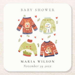 Cute Winter Hearts Leafy Ugly Sweater Baby Shower Square Paper Coaster