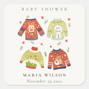 Cute Winter Hearts Leafy Ugly Sweater Baby Shower Square Sticker