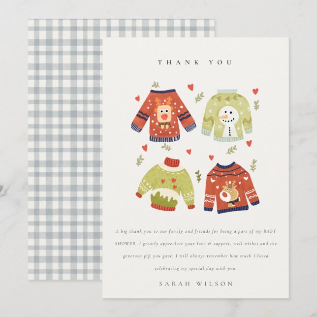 Cute Winter Hearts Leafy Ugly Sweater Baby Shower Thank You Card (Front/Back)