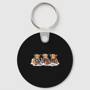 Cute winter highland cows plaid scarf skiing keychain