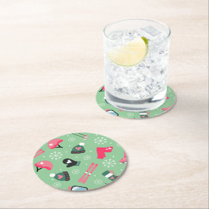 Cute Winter Holiday Sports Pattern Round Paper Coaster