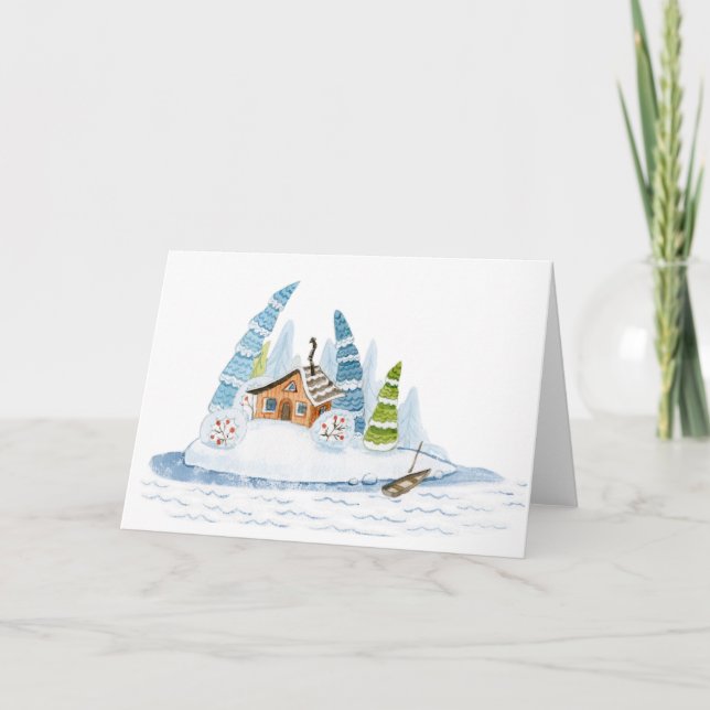 Cute winter house Christmas watercolor Holiday Card (Front)