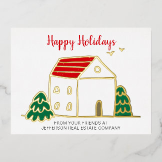 Cute Winter House Real Estate Corporate Business Foil Holiday Postcard