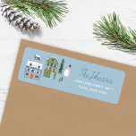 Cute Winter House Village Christmas Address Label<br><div class="desc">This cute charming illustration features original hand painted whimsical paintings of a winter village alpine ski lodge cosy chalet and children winter fun Christmas in nature with white snow mountain landscape scene, tiny houses, snowflakes, pine trees, and an icy pond with skating people on a blue ecru red background. Original...</div>