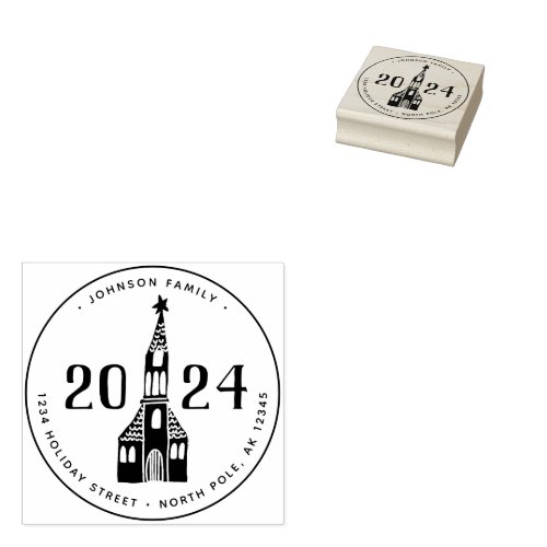 Cute Winter House Village Church Christmas Rubber Stamp