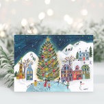Cute Winter House Village Scene Christmas Holiday Card<br><div class="desc">This cute charming illustration features original hand painted whimsical paintings of a winter village alpine ski lodge cosy chalet and children winter fun Christmas in nature with white snow mountain landscape scene, tiny houses, snowflakes, pine trees, and an icy pond with skating people on a blue ecru red background. Original...</div>