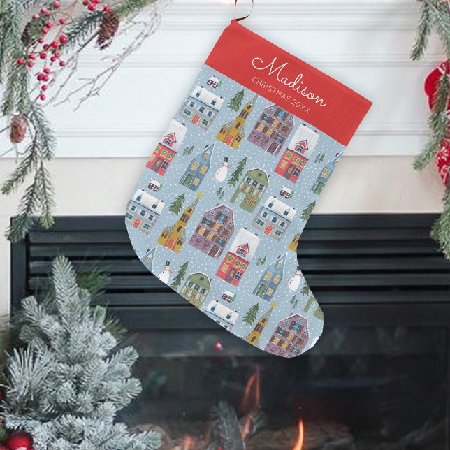 Cute Winter House Village Scene Christmas Pattern Large Christmas Stocking (Cute Winter House Village Scene Christmas Pattern Large Christmas Stocking)