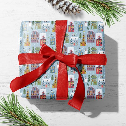 Cute Winter House Village Scene Christmas Pattern Wrapping Paper
