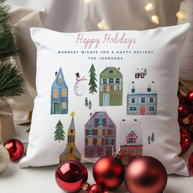 Cute Winter House Village Scene Christmas Throw Pillow (Cute Winter House Village Scene Christmas Throw Pillow)
