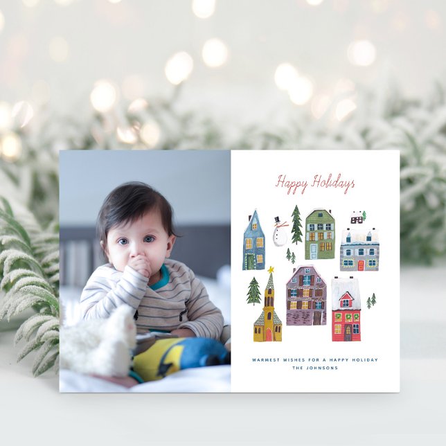 Cute Winter House Village Scene Photo Christmas Holiday Card (Cute Winter House Village Scene Photo Christmas Holiday Card)