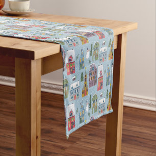 Cute winter Houses red & blue landscape snow Short Table Runner